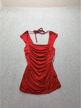 Guess Womens Halter Top Ruched‎ Sleeveless Square Neck M Red Halter Tie